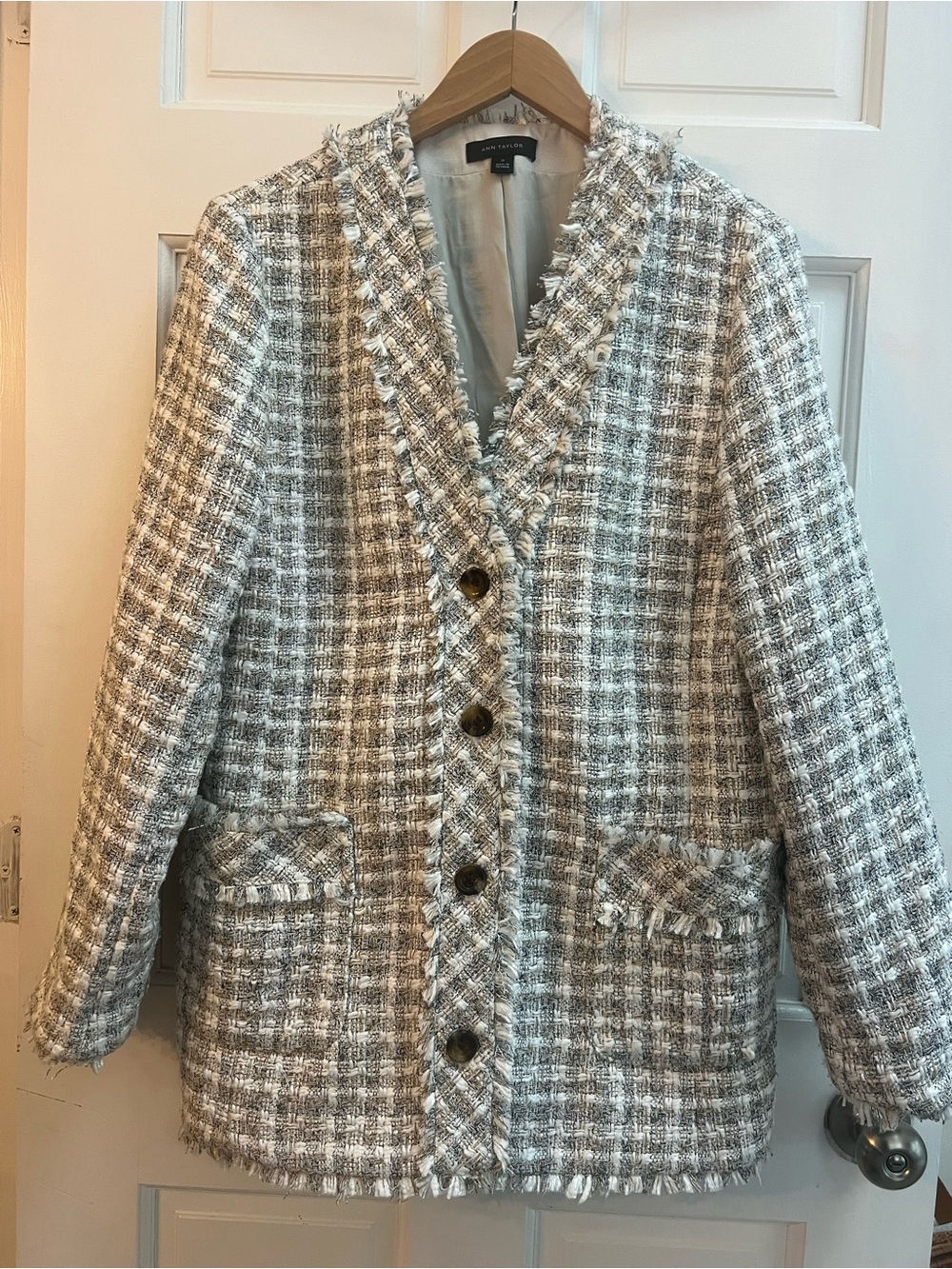 Ann Taylor Tweed Fringe Button-Front Jacket - Gray & White